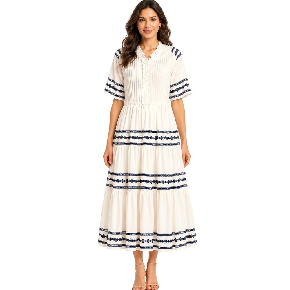 Ivy City Co Women's Santorini Embroidered Tiered Navy Trim Midi Dress Sz 1X NWT